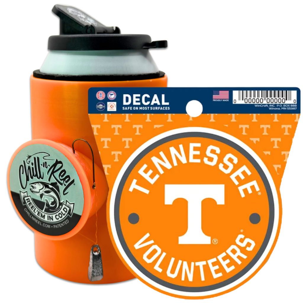 The Chill-N-Reel® Bundle features an orange fishing can cooler and NCAA Tennessee Volunteers decal with a white “T” and “TENNESSEE VOLUNTEERS”—a perfect gift for fans.