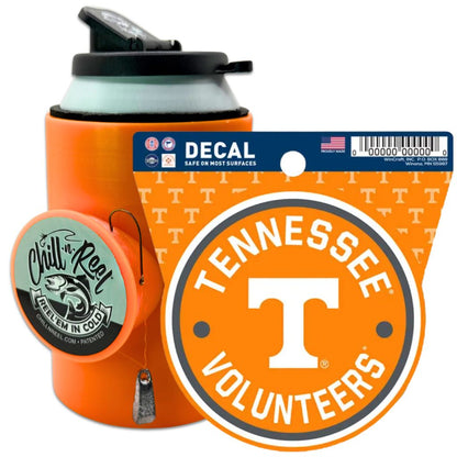 The Chill-N-Reel® Bundle features an orange fishing can cooler and NCAA Tennessee Volunteers decal with a white “T” and “TENNESSEE VOLUNTEERS”—a perfect gift for fans.