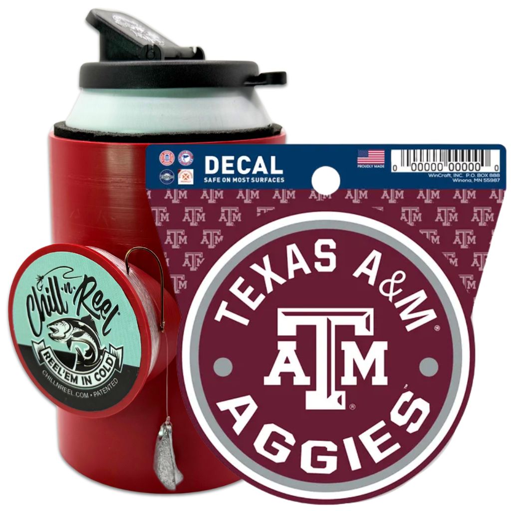 The Chill-N-Reel® Bundle includes a maroon Texas A&M NCAA Team Decal with repeating "ATM" logo and a red Chill-N-Reel can cooler, making it a perfect fishing gift for Aggies fans.