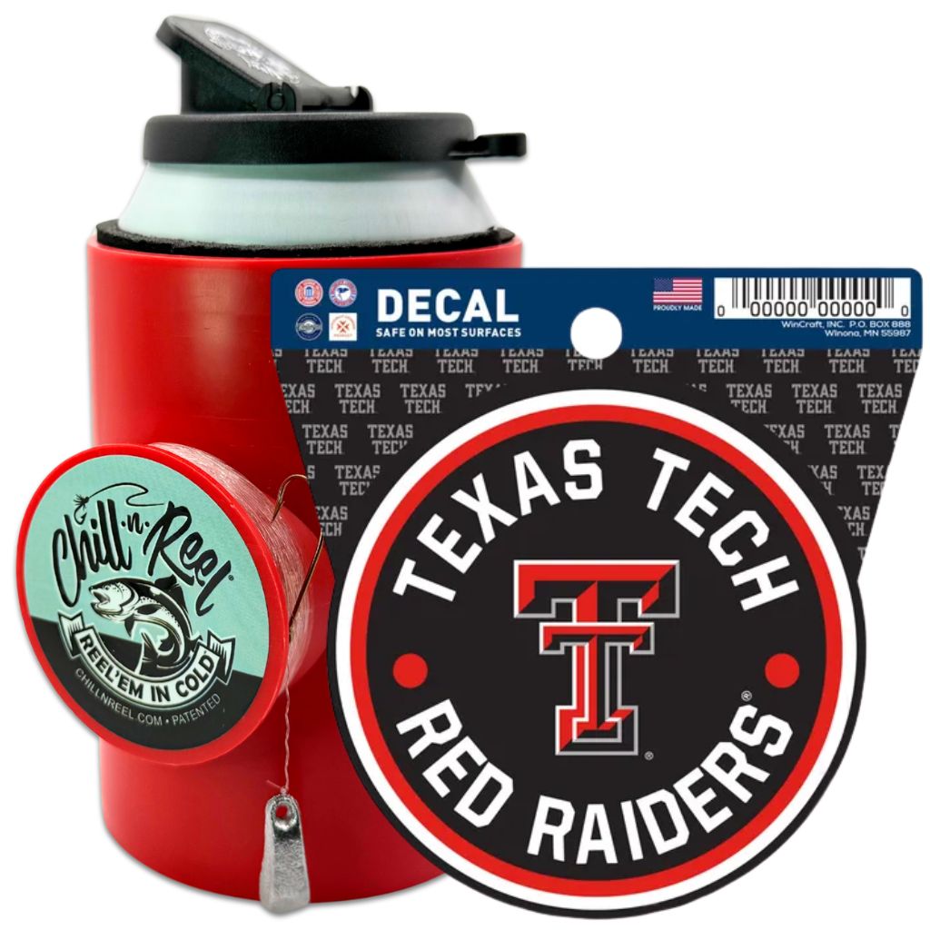 The Chill-N-Reel® Bundle features an insulated red tumbler with teal badge and zipper pull, plus a Texas Tech Red Raiders NCAA team decal—an ideal fishing gift proudly displaying the team's name and logo.