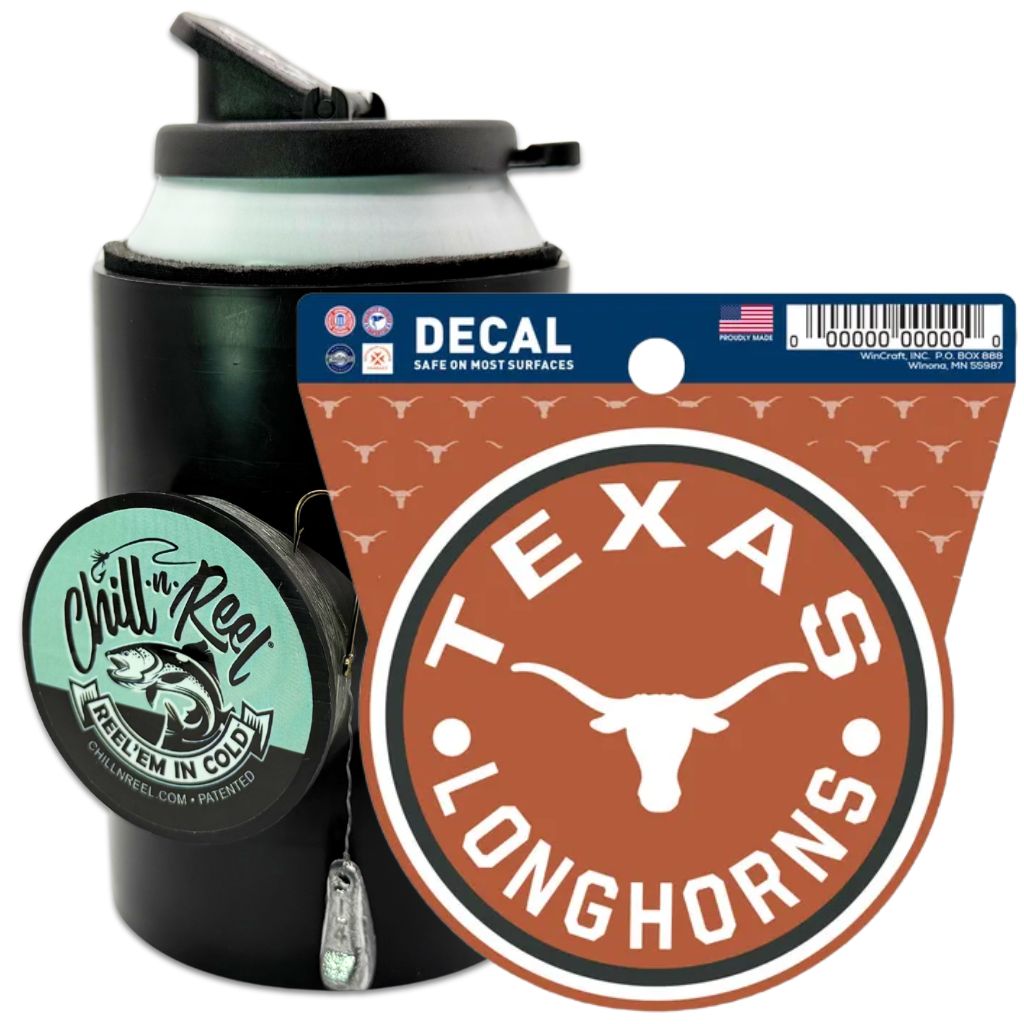 The Chill-N-Reel® Bundle includes a black fishing can cooler with logo and an NCAA Texas Longhorns decal featuring the steer and "TEXAS LONGHORNS" on burnt orange—a perfect gift for fishing fans.