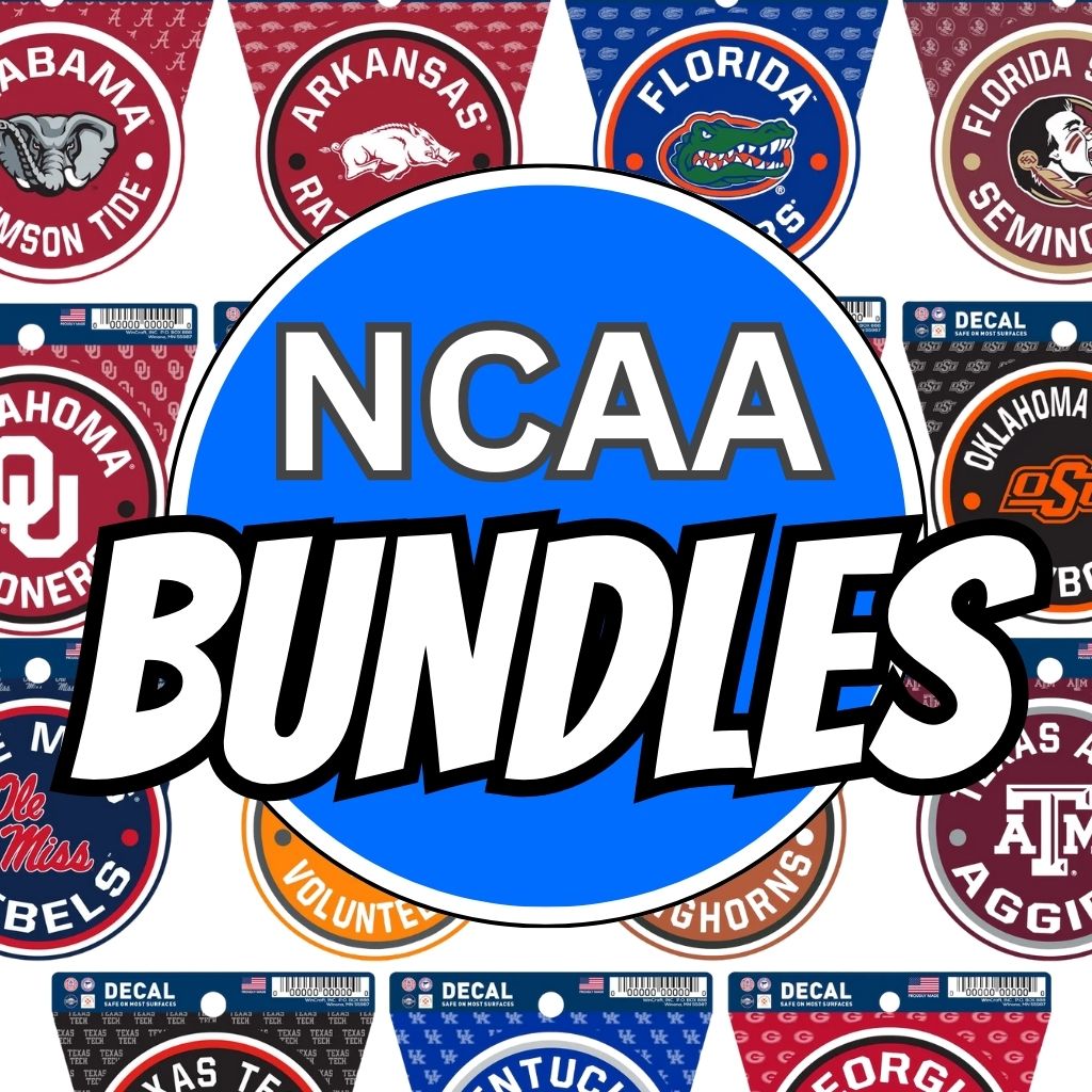 A blue circle with "NCAA Bundles" in bold white letters is centered over various NCAA team logos and Bundle: NCAA Team Decal + Chill-N-Reel products from Chill-N-Reel®, featuring teams like Alabama, Arkansas, Florida, Oklahoma, and more.