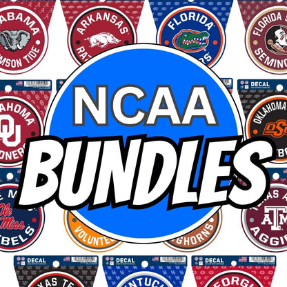A blue circle with "NCAA Bundles" in bold white letters is centered over various NCAA team logos and Bundle: NCAA Team Decal + Chill-N-Reel products from Chill-N-Reel®, featuring teams like Alabama, Arkansas, Florida, Oklahoma, and more.