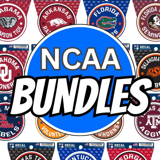 A blue circle with "NCAA Bundles" in bold white letters is centered over various NCAA team logos and Bundle: NCAA Team Decal + Chill-N-Reel products from Chill-N-Reel®, featuring teams like Alabama, Arkansas, Florida, Oklahoma, and more.