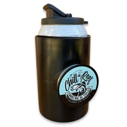 A black Original Chill-N-Reel by Chill-N-Reel with an attached reel and a light blue circular logo featuring a fish and the slogan "Reel'Em in Cold." Perfect for holding a beverage can while enjoying some recreational fishing, this fun fishing gift even made its mark as a Shark Tank product.