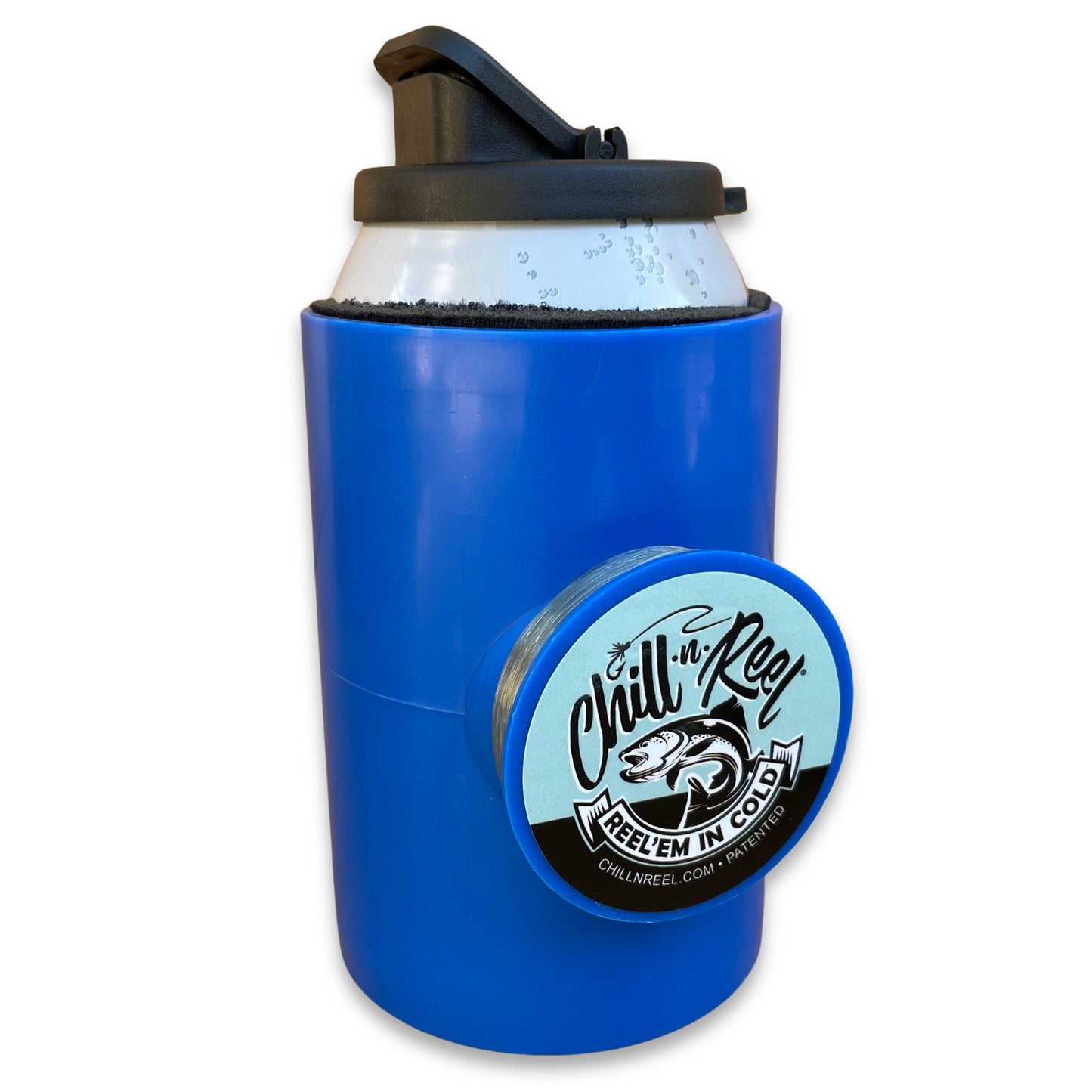 A blue insulated beverage holder with a black flip-top lid and a round, blue handle on the side featuring the logo of "Chill-N-Reel Reel'em in Cold." The logo includes an image of a fish and the text "CHILLNREEL.COM" at the bottom. This Chill-N-Reel product, known as the Original Chill-N-Reel, makes a fun fishing gift for outdoor enthusiasts.