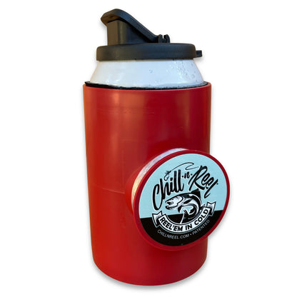 A crimson insulated beverage holder with a black top and a Chill-N-Reel logo featuring a fish and text "Reel 'Em In Cold." The Original Chill-N-Reel by Chill-N-Reel has a circular attachment on its side, making it the perfect fun fishing gift for any outdoor enthusiast.