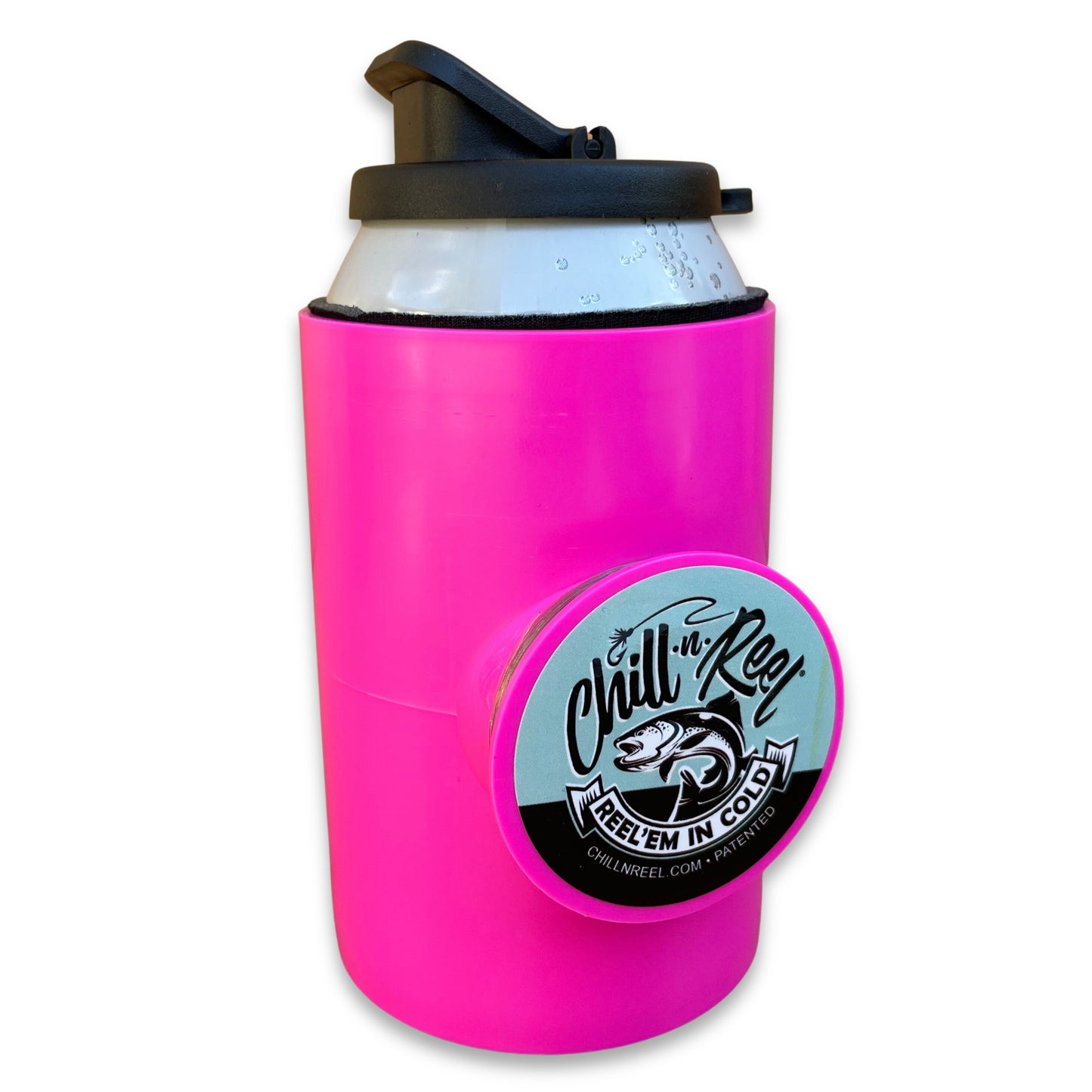 A fun fishing gift, this drink cooler is designed to look like a fishing reel with the text "Chill 'N' Reel" and a fish logo on the front. The pink cooler features a black flip-top lid and showcases the website URL, "chillnreel.com." This unique Original Chill-N-Reel by Chill-N-Reel even caught attention on Shark Tank!