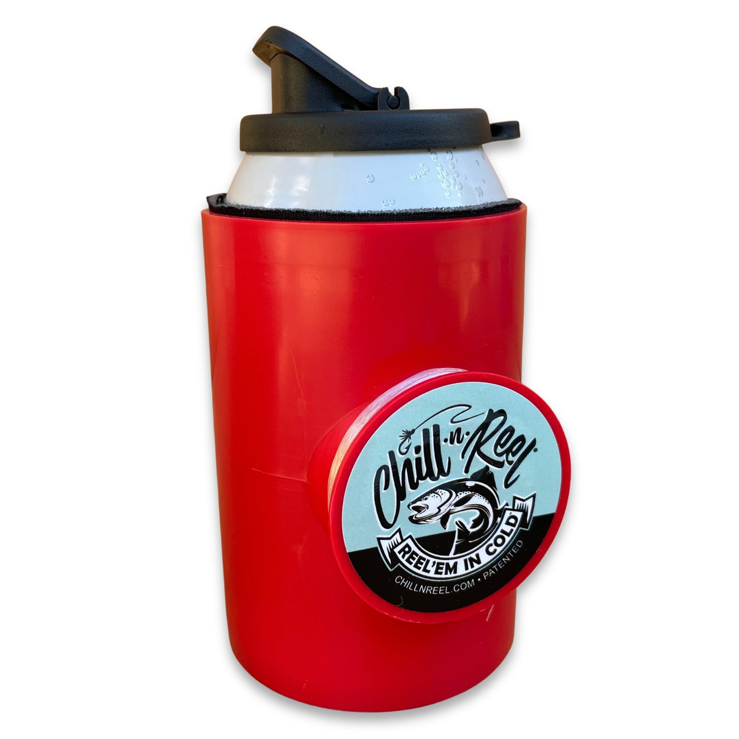 A red insulated drink holder designed to keep beverages cold, this fun fishing gift features a circular logo with a fish and the text “Chill-N-Reel, Reel’em in Cold.” Topped with a black flip-top lid, it’s the perfect Chill-N-Reel Original Chill-N-Reel for any outdoor enthusiast.