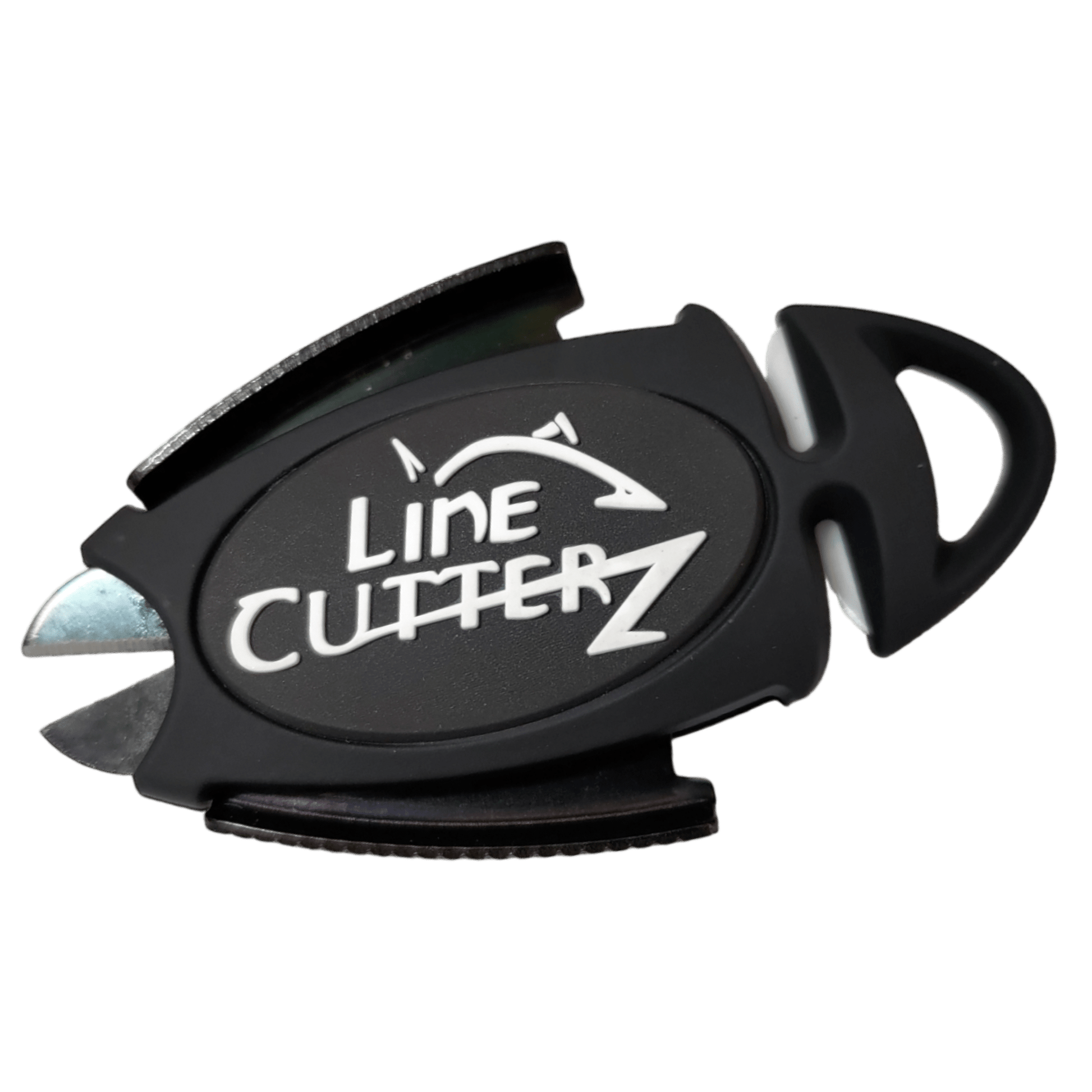 The Line Cutterz Dual Hybrid Micro Scissors by Line Cutterz is a black fishing line cutter tool with metal blades and "Line Cutterz" plus a fish logo printed in white on the front.