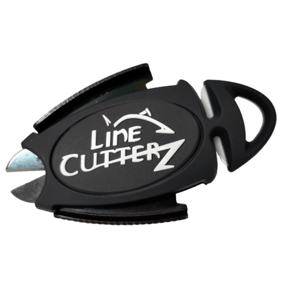 The Line Cutterz Dual Hybrid Micro Scissors by Line Cutterz is a black fishing line cutter tool with metal blades and "Line Cutterz" plus a fish logo printed in white on the front.