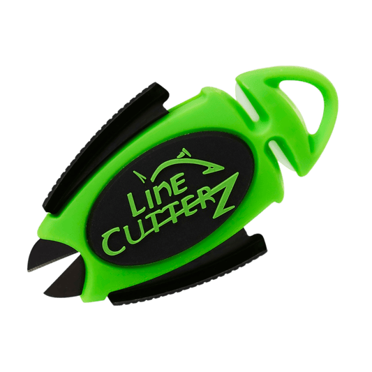 The Line Cutterz Dual Hybrid Micro Scissors by Line Cutterz is a green and black tool with an ergonomic curved design, ceramic blades for precise cutting, and a keyring hole at one end.