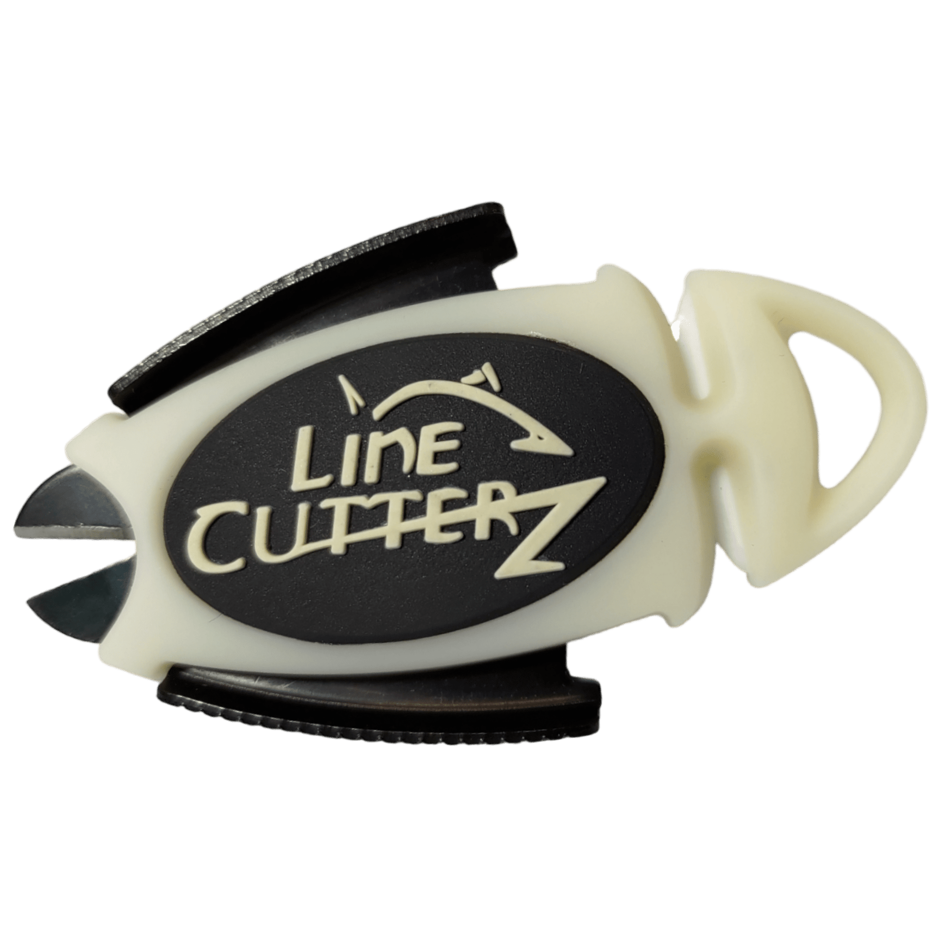 The Line Cutterz Dual Hybrid Micro Scissors by Line Cutterz are small, fish-shaped line cutters with a white body and black oval logo, featuring ceramic cutting technology for easy fishing line slicing.