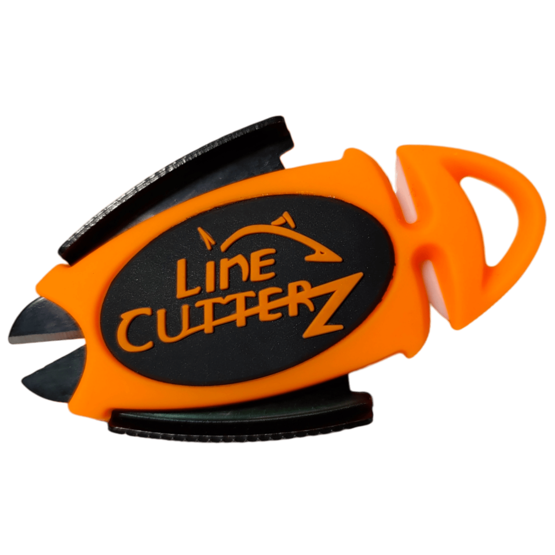 The Line Cutterz Dual Hybrid Micro Scissors by Line Cutterz are orange and black plastic scissors shaped like a fish, featuring ceramic cutting technology for precise, durable fishing line cuts.