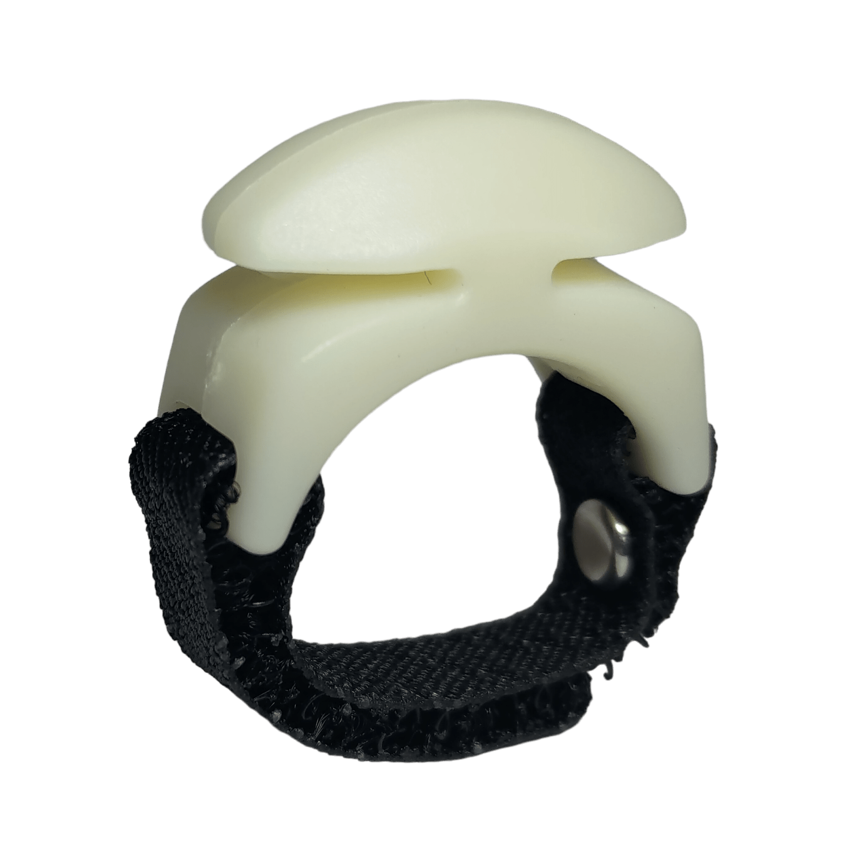 The Line Cutterz Ceramic Blade Ring by Line Cutterz is a white plastic fishing line cutter with a curved top, mounted on a black adjustable fabric strap with a metal snap, displayed against a plain white background.