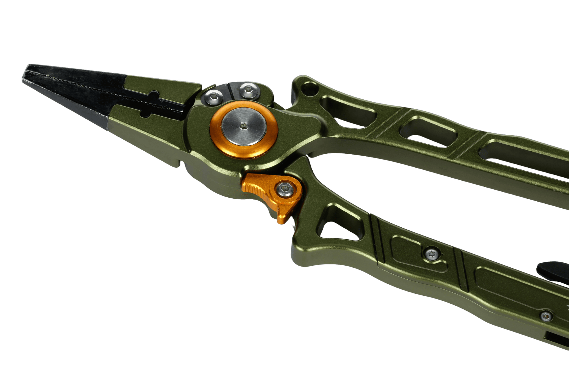 A close-up of Line Cutterz Elite Pliers by Line Cutterz, featuring a modern, angular green and orange design, displayed on a white background.