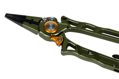 A close-up of Line Cutterz Elite Pliers by Line Cutterz, featuring a modern, angular green and orange design, displayed on a white background.