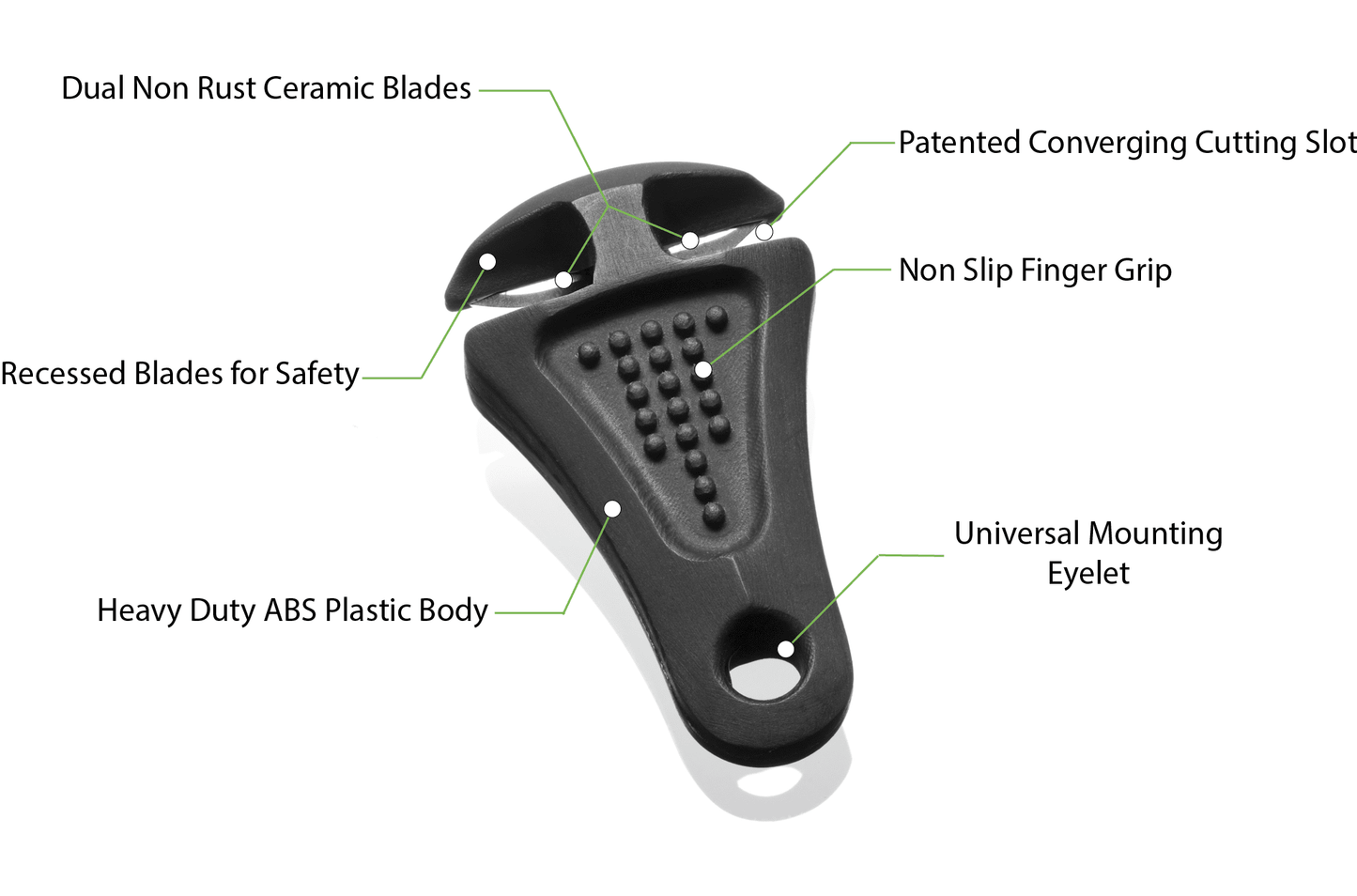 The Line Cutterz Ceramic Blade Zipper Pull is a black handheld safety cutter featuring ceramic blades, a converging slot, non-slip grip, recessed blades, ABS body, and universal mounting eyelet—ideal for zippers or fishing lines.