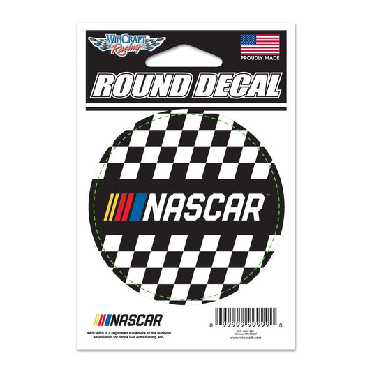 The Chill-N-Reel® Official NASCAR Vinyl Decal Sticker is a 3” round decal featuring the NASCAR logo on a black and white checkered pattern—ideal for any racing fan's collection. Packaging showcases NASCAR branding and the U.S. flag.