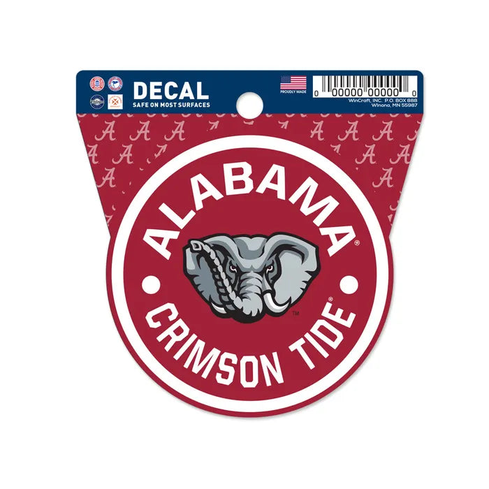 The Chill-N-Reel® Official NCAA Vinyl Decal Sticker (3.5” round) features an elephant head with “ALABAMA CRIMSON TIDE” on a red background, is officially licensed, and safe for most surfaces.
